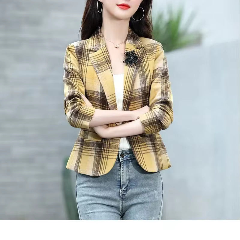 Turn-down Collar Cardigan Plaid Fashion Vintage Stylish Long Sleeve Coats