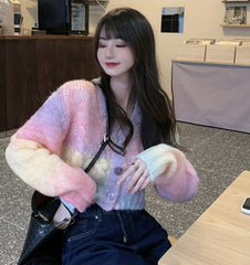 Short Rainbow Gradient Long-Sleeved Knit Sweater