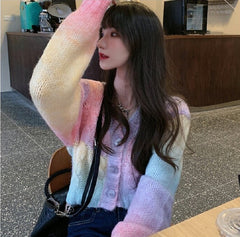 Short Rainbow Gradient Long-Sleeved Knit Sweater