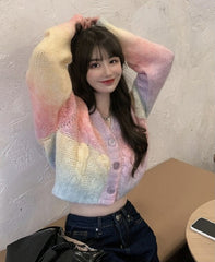 Short Rainbow Gradient Long-Sleeved Knit Sweater