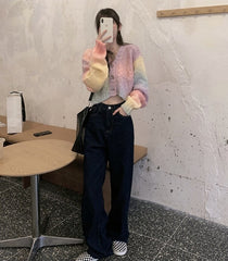 Short Rainbow Gradient Long-Sleeved Knit Sweater