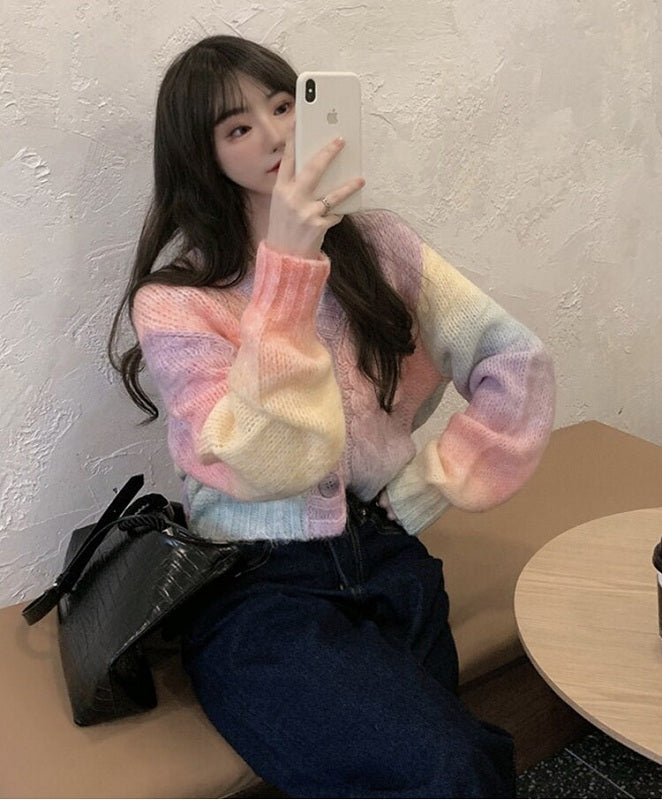 Short Rainbow Gradient Long-Sleeved Knit Sweater