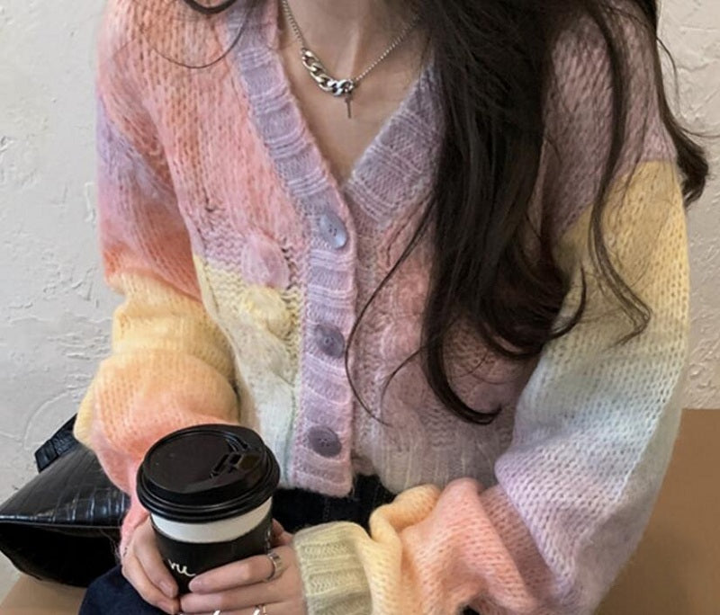 Short Rainbow Gradient Long-Sleeved Knit Sweater