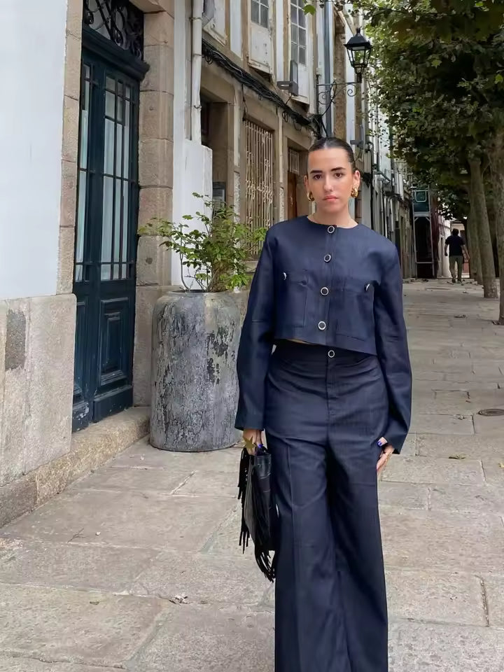 Single Breasted Round Neck Shirt High Waisted Pant With Pocket 2 Piece Set
