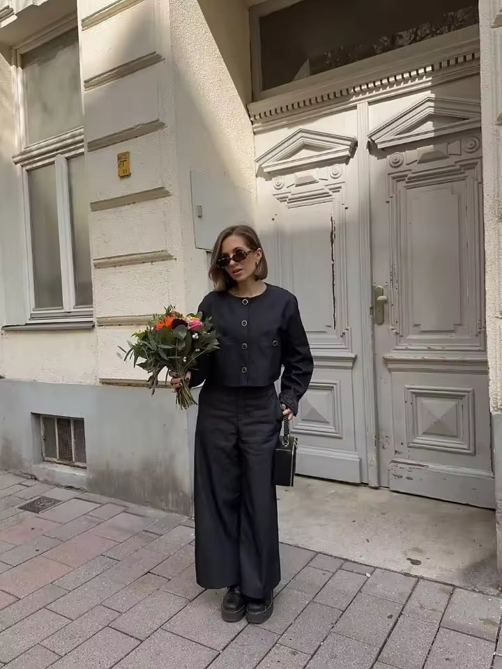 Single Breasted Round Neck Shirt High Waisted Pant With Pocket 2 Piece Set