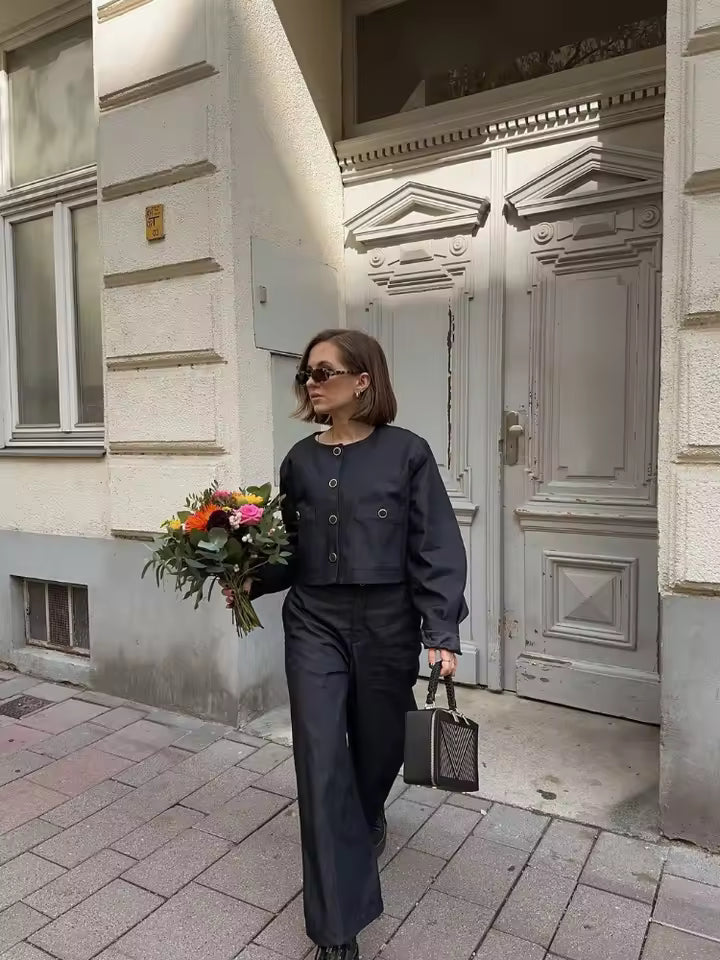 Single Breasted Round Neck Shirt High Waisted Pant With Pocket 2 Piece Set