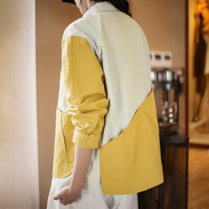 Single Button Patchwork Coat With Irregular Pockets Outwear Lapel Work Jacket
