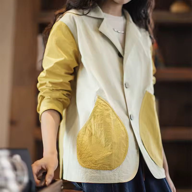 Single Button Patchwork Coat With Irregular Pockets Outwear Lapel Work Jacket