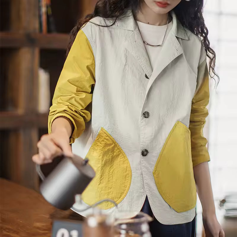 Single Button Patchwork Coat With Irregular Pockets Outwear Lapel Work Jacket