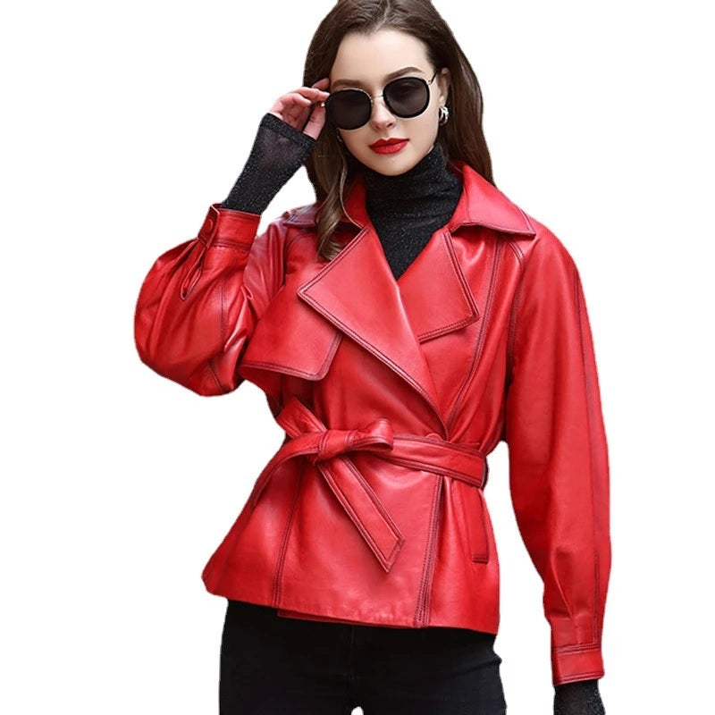 Slim-fit Bow Tie Belt  Leather Trench Coat Jacket