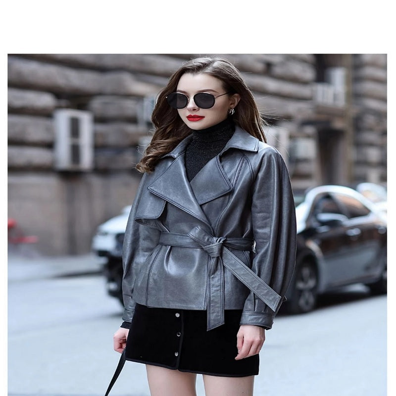 Slim-fit Bow Tie Belt  Leather Trench Coat Jacket