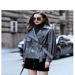 Slim-fit Bow Tie Belt  Leather Trench Coat Jacket
