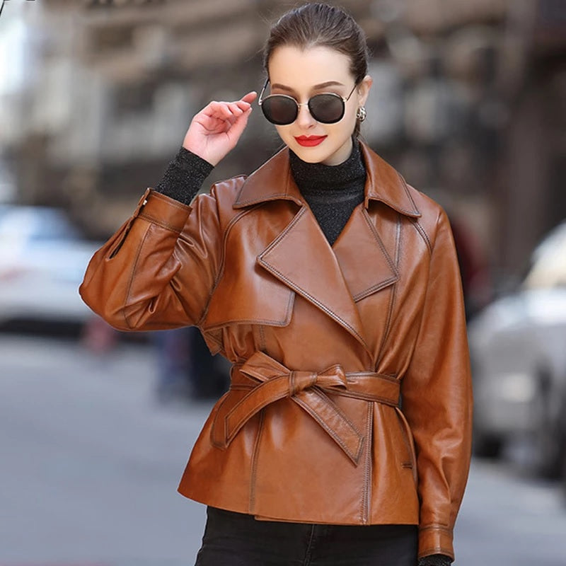 Slim-fit Bow Tie Belt  Leather Trench Coat Jacket