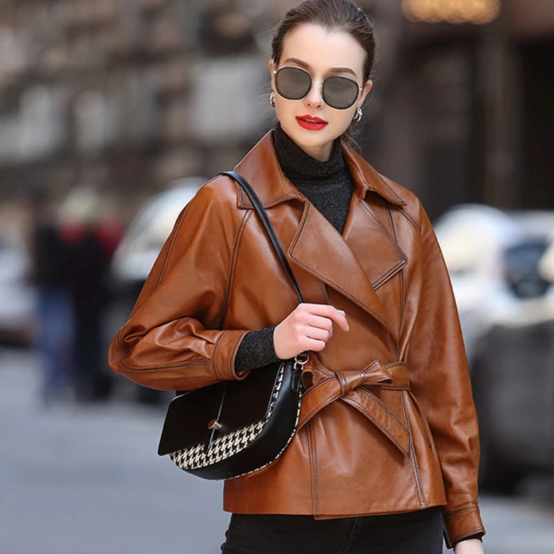 Slim-fit Bow Tie Belt  Leather Trench Coat Jacket