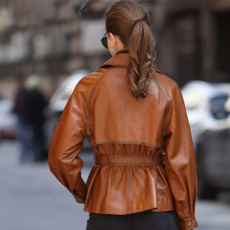Slim-fit Bow Tie Belt  Leather Trench Coat Jacket