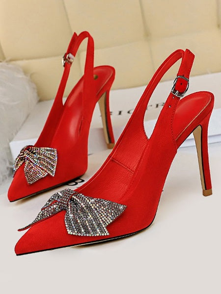 Slingback Pumps Bows Rhinestone Casual High Heel