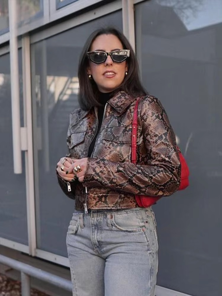 Snake Printed Leather Chic Lapel Zipper Long Sleeve High Street Outwear Short Jackets