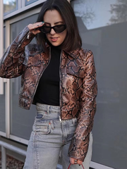 Snake Printed Leather Chic Lapel Zipper Long Sleeve High Street Outwear Short Jackets