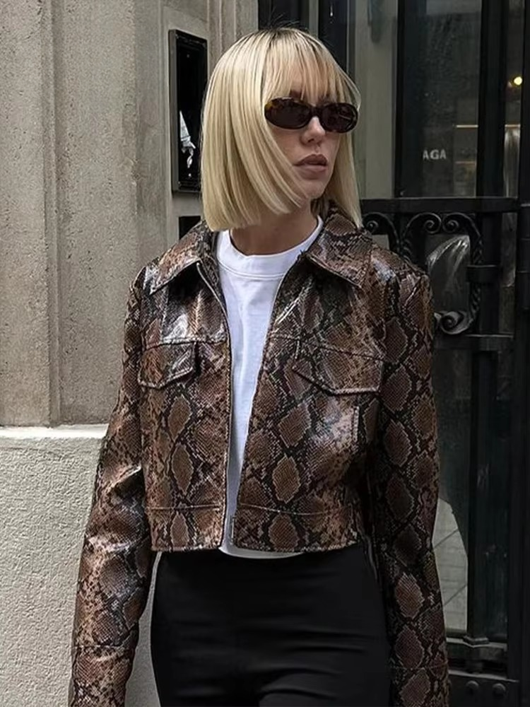Snake Printed Leather Chic Lapel Zipper Long Sleeve High Street Outwear Short Jackets