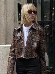 Snake Printed Leather Chic Lapel Zipper Long Sleeve High Street Outwear Short Jackets
