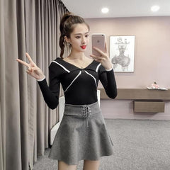 Solid Button Back Zipper Turn-down Collar Knitted Sweaters Pullovers