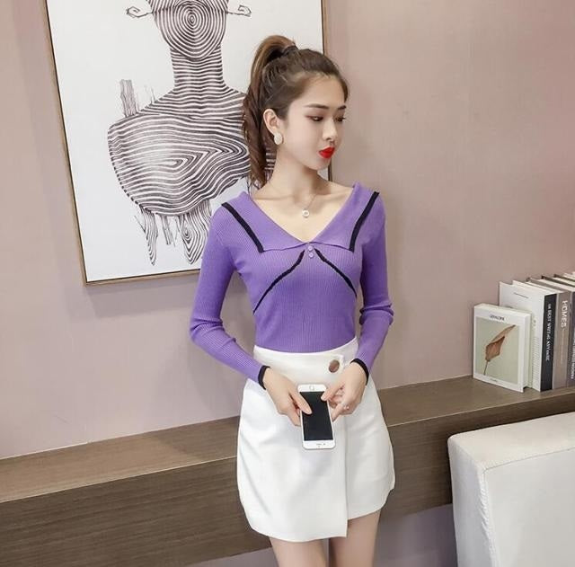 Solid Button Back Zipper Turn-down Collar Knitted Sweaters Pullovers