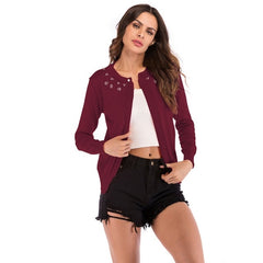Solid Cardigans Beading Flowers Short Cotton Knitted Sweaters