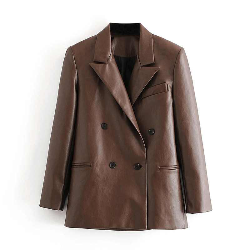 Solid Color Fashion PU Faux Leather Blazer