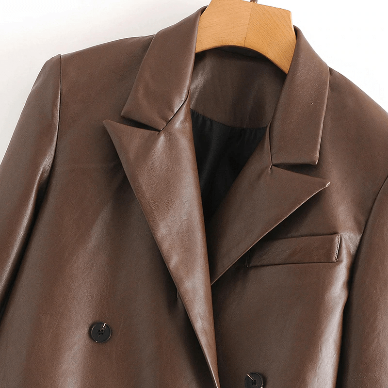 Solid Color Fashion PU Faux Leather Blazer