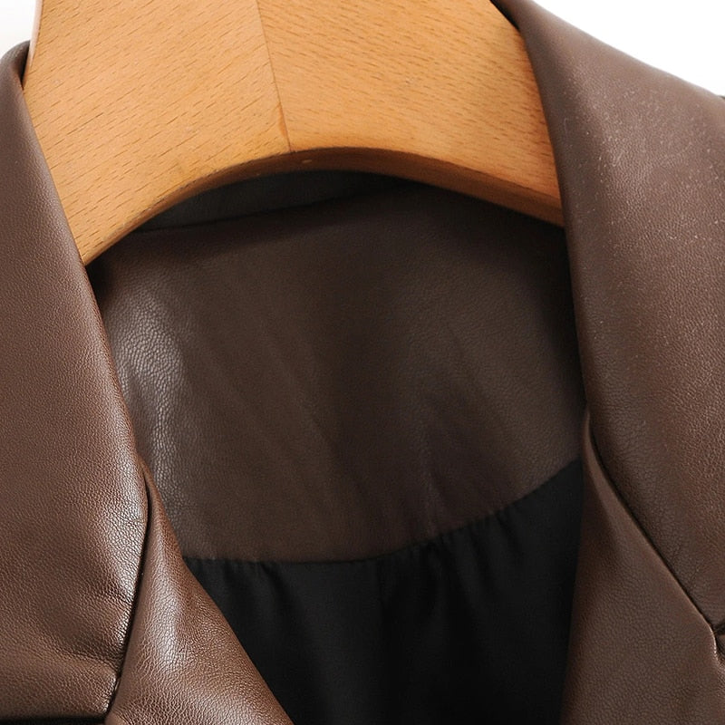 Solid Color Fashion PU Faux Leather Blazer