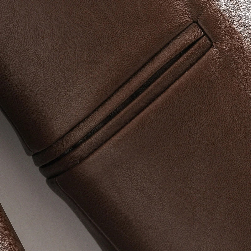 Solid Color Fashion PU Faux Leather Blazer