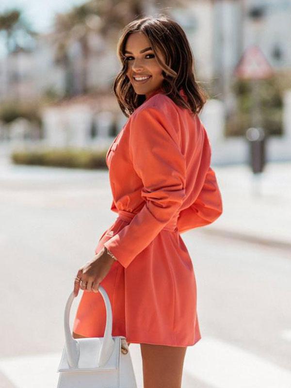 Solid Color Turndown Collar Belt Oversized Relaxed Fit Street Outerwear Blazer Jacket