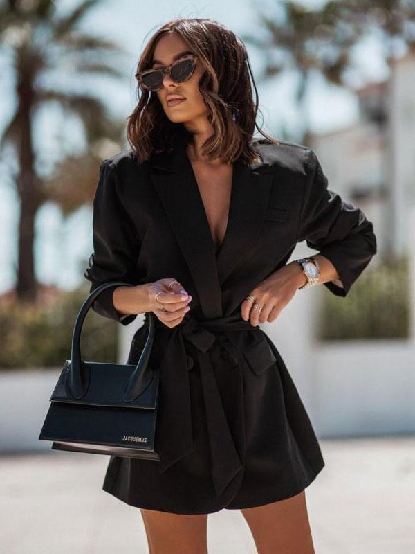 Solid Color Turndown Collar Belt Oversized Relaxed Fit Street Outerwear Blazer Jacket