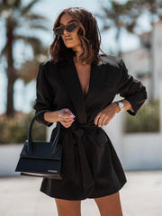 Solid Color Turndown Collar Belt Oversized Relaxed Fit Street Outerwear Blazer Jacket