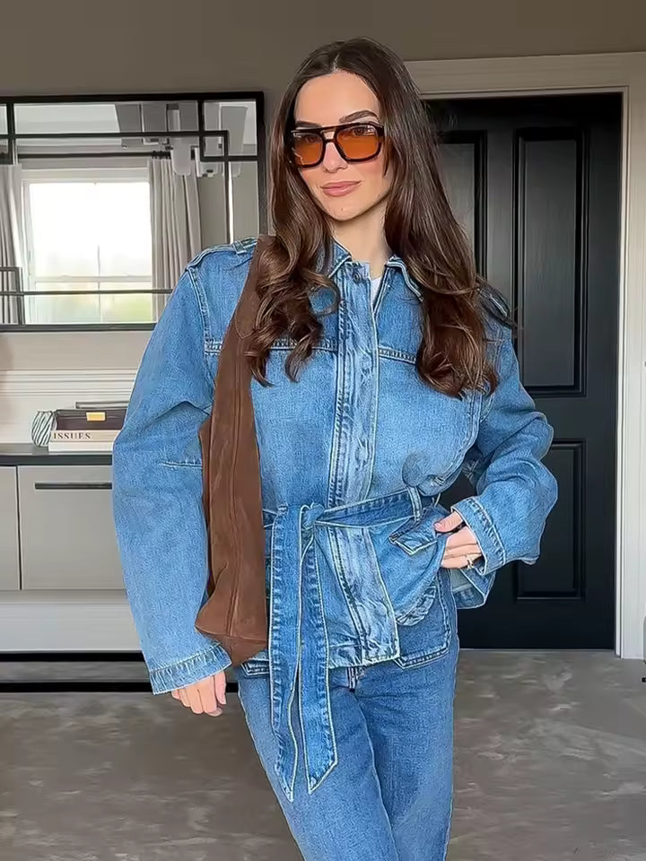 Solid Lapel Single-Breasted Bow Belt Decorate Zipper Streetwear Denim Jacket With Pockets
