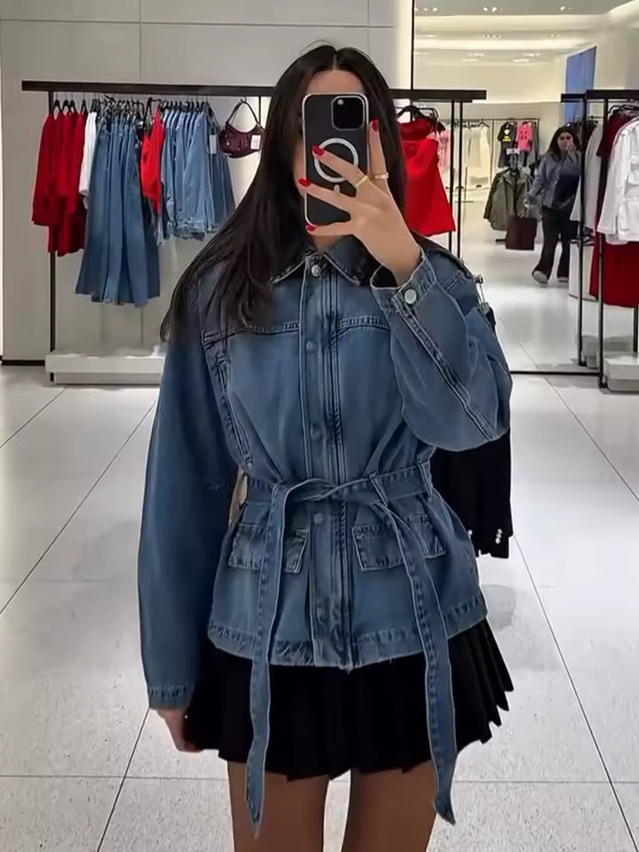 Solid Lapel Single-Breasted Bow Belt Decorate Zipper Streetwear Denim Jacket With Pockets