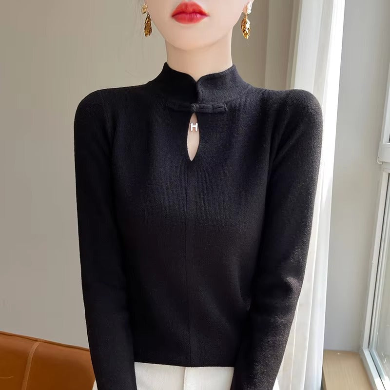 Solid Mock Neck long sleeved pullover Loose knitted Street wear cashmere sweater