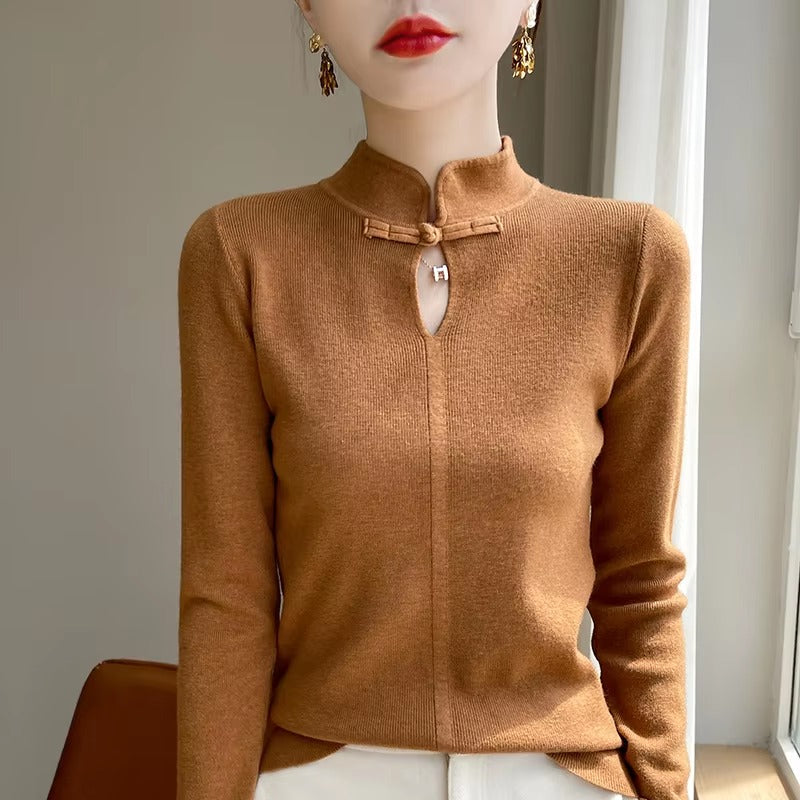 Solid Mock Neck long sleeved pullover Loose knitted Street wear cashmere sweater