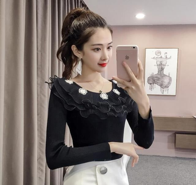 Solid Nail bead Patchwork O-neck Knitted Sweaters Pullovers Tops