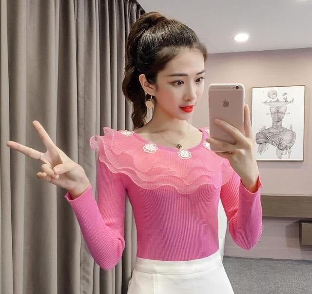 Solid Nail bead Patchwork O-neck Knitted Sweaters Pullovers Tops