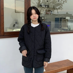 Solid O Neck Single Breasted Parkas Jacket