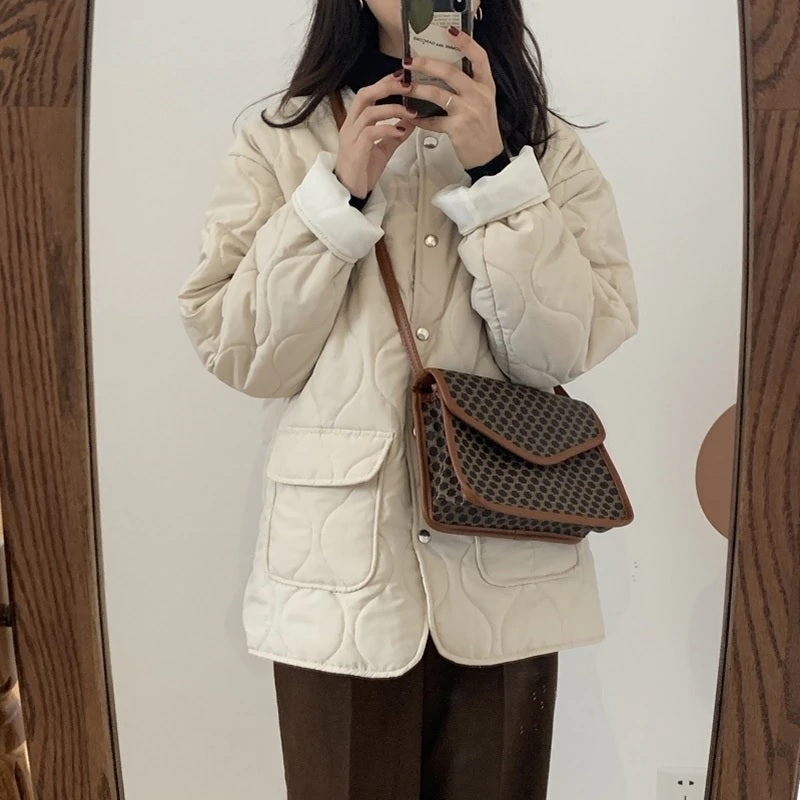 Solid O Neck Single Breasted Parkas Jacket
