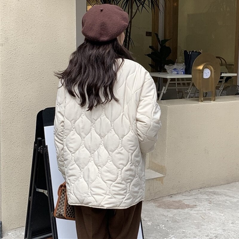 Solid O Neck Single Breasted Parkas Jacket