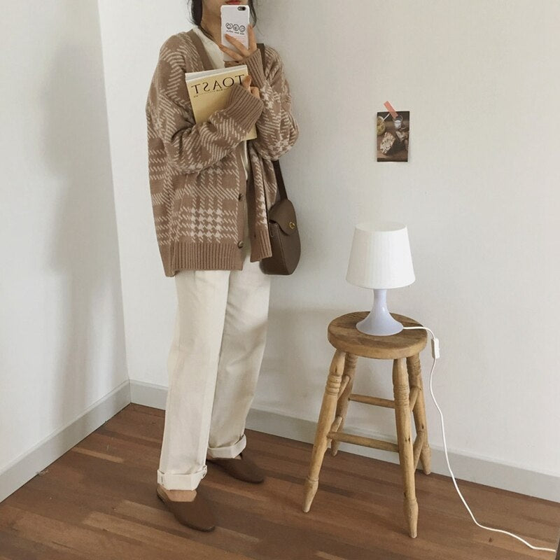 Solid V-Neck Knitted Buttons Korean Style Plaid Sweaters
