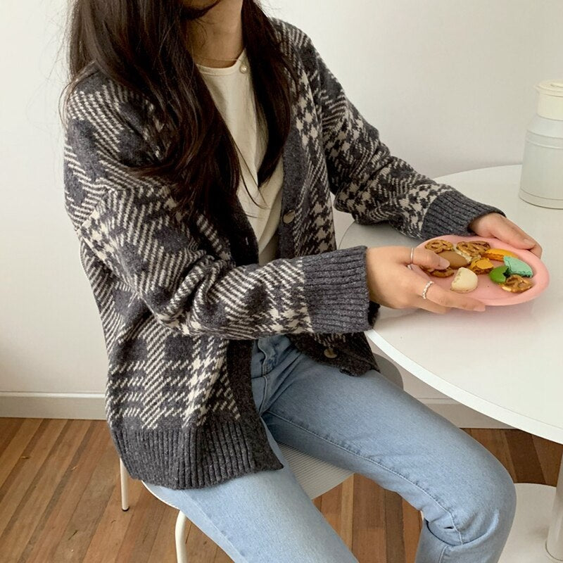 Solid V-Neck Knitted Buttons Korean Style Plaid Sweaters