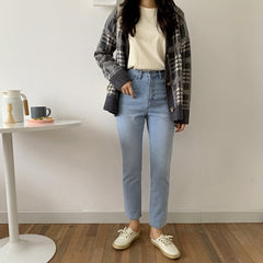 Solid V-Neck Knitted Buttons Korean Style Plaid Sweaters