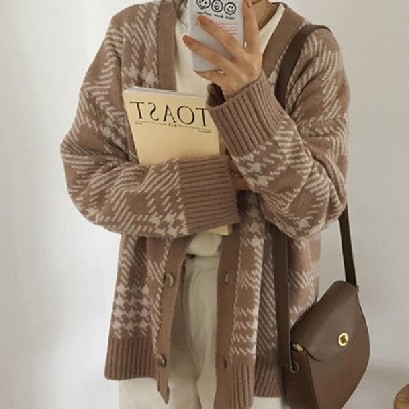 Solid V-Neck Knitted Buttons Korean Style Plaid Sweaters