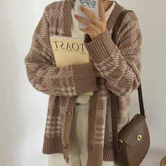 Solid V-Neck Knitted Buttons Korean Style Plaid Sweaters