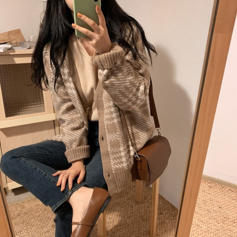 Solid V-Neck Knitted Buttons Korean Style Plaid Sweaters