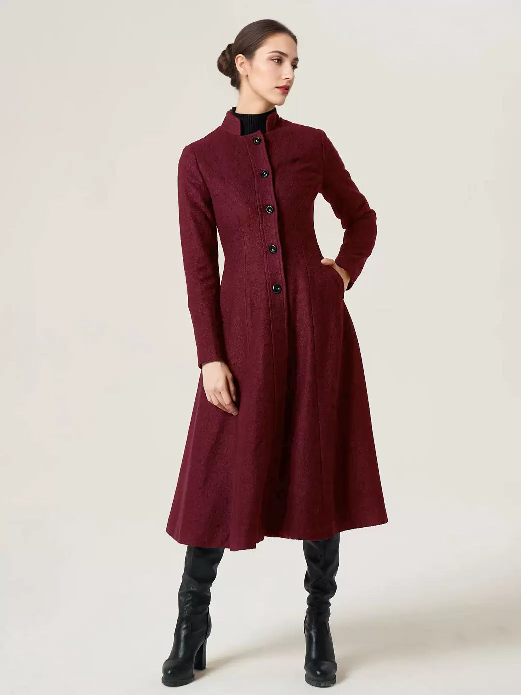 Stand Collar Buttons Outerwear Solid Waist Elegant And Vintage Coat